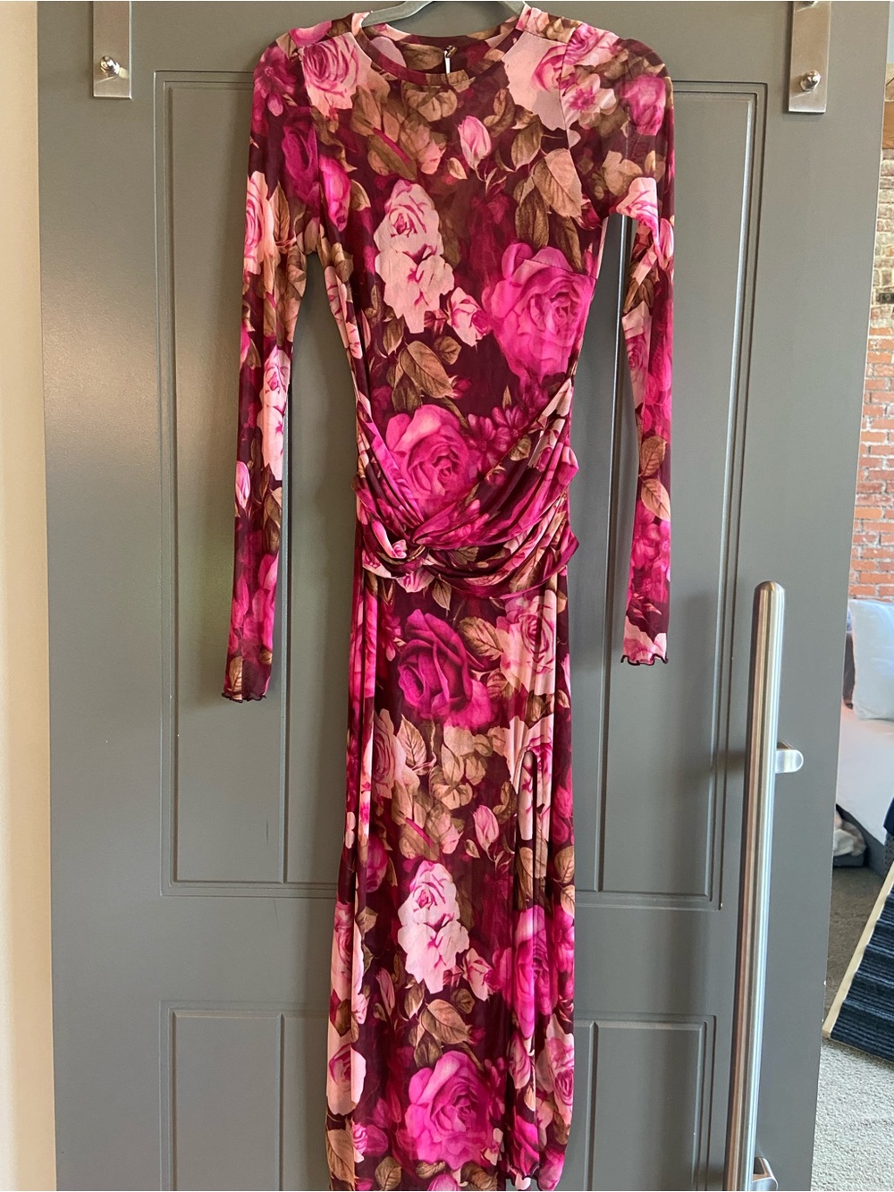 Free People Long Sleeve Floral Rose Print Midi Dress in Fuchsia and Brown